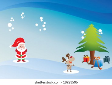 Santa is looking at the deer and tree