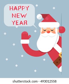 Santa Looking Out Corner Cartoon Character Happy New Year Greeting Card Flat Vector Illustration