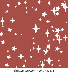 Santa Magic New Year Four-pointed Retro Background. Chaotic Bright Christmas Snow Mystery Pattern. White Color Stars Print Sky Design Pic. Winter Holiday Night Sharp Red Composition.