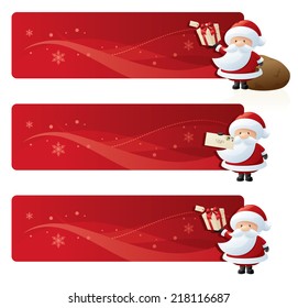 Santa with mail, gift and sack against festive banners.
