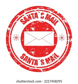 Santa mail rubber stamp with envelope, texture seal. Vector illustration. Post rubber, x-mas symbol design, santa postage, child letter, christmas emblem, grunge nail mark, retro snowflake sticker