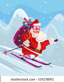 Santa man character skiing deliver gifts. Vector flat cartoon illustration 