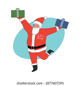 Santa man courier holding Christmas present boxes for delivery