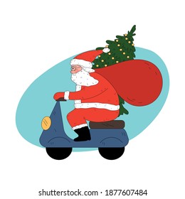 Santa man courier in traditional red clothing delivering Christmas tree on scooter