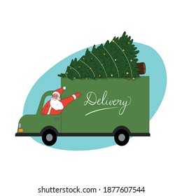 Santa man courier in traditional red clothing delivering Christmas tree