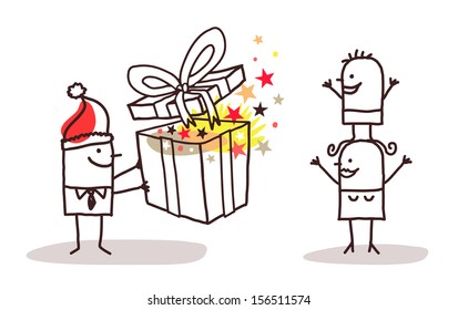Santa man giving a Christmas present to his family