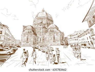 Santa Maria del Fiore Florence. Italy. Hand drawn city sketch. Vector illustration.