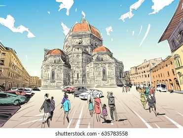 Santa Maria del Fiore Florence. Italy. Hand drawn city sketch. Vector illustration.