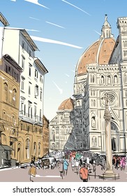 Santa Maria del Fiore Florence. Italy. Hand drawn city sketch. Vector illustration.