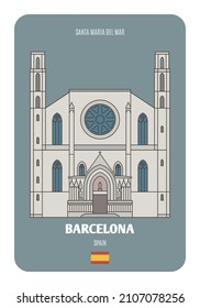 Santa Maria del Mar in Barcelona, Spain. Architectural symbols of European cities. Colorful vector 