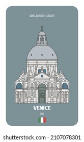 Santa Maria della Salute church in Venice, Italy. Architectural symbols of European cities. Colorful vector 