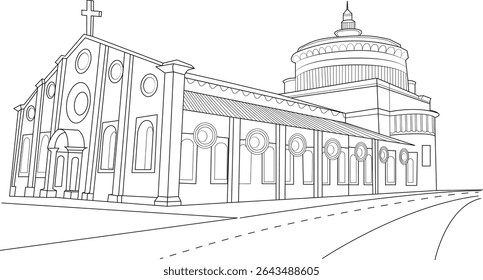 Desenho de Contorno da Igreja de Santa Maria delle Grazie, Um simples desenho de linha da icônica igreja e convento de Santa Maria delle Grazie em Milão, Itália, famosa por abrigar a Última Ceia de Leonardo da Vinci.