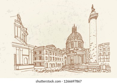Santa Maria di Loreto and ruins of roman forum in Rome, Italy.
