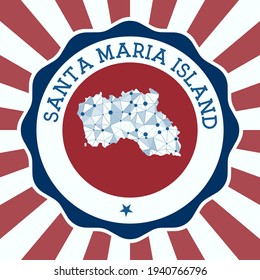 Santa Maria Island Badge. Round logo of island with triangular mesh map and radial rays. EPS10 Vector.