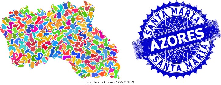 Santa Maria Island map abstraction. Spot collage map and rubber stamp seal for Santa Maria Island. Sharp rosette blue stamp seal with caption for Santa Maria Island map. svg