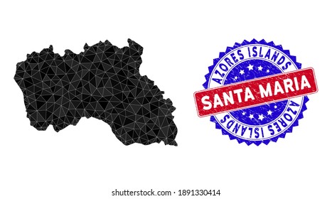 Santa Maria Island map polygonal mesh with filled triangles, and scratched bicolor rubber seal. Triangle mosaic Santa Maria Island map with mesh vector model, triangles have variable sizes,
