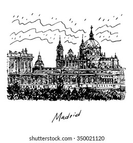 Santa Maria la Real de La Almudena Cathedral and the Royal Palace. Madrid, Spain. Drawn pencil sketch. Vector file