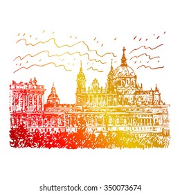 Santa Maria la Real de La Almudena Cathedral and the Royal Palace. Madrid, Spain. Drawn pencil sketch. Vector file