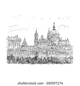 Santa Maria la Real de La Almudena Cathedral and the Royal Palace. Madrid, Spain. Drawn pencil sketch. Vector file