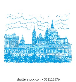 Santa Maria la Real de La Almudena Cathedral and the Royal Palace. Madrid, Spain. Drawn pencil sketch. Vector file