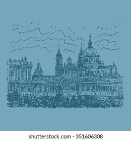 Santa Maria la Real de La Almudena Cathedral and the Royal Palace. Madrid, Spain. Drawn pencil sketch. Vector file