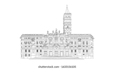 Santa Maria Maggiore, Basilica of Saint Mary Major Cathedral in Rome, black and white drawing sketch. Vector illustration. svg