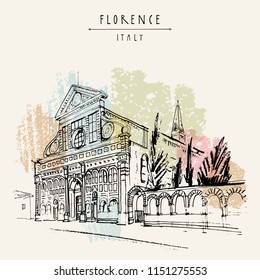 Santa Maria Novella church in Florence, Italy, Europe. Vintage travel sketch. Retro style touristic postcard, poster template or book illustration in vector