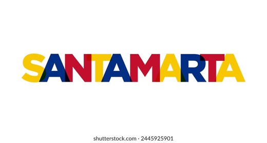 Santa Marta in the Colombia emblem. The design features a geometric style, vector illustration with bold typography in a modern font. The graphic slogan lettering.