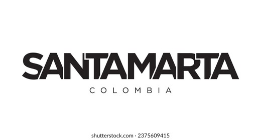 Santa Marta in the Colombia emblem for print and web. Design features geometric style, vector illustration with bold typography in modern font. Graphic slogan lettering isolated on white background.