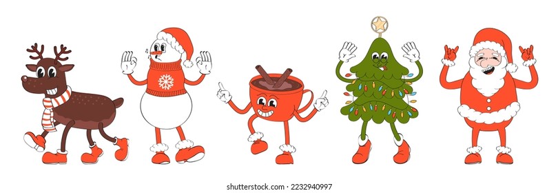 Santa, mascot deer, snowman in retro set. Merry Christmas hot tee, coffe cup and Happy New year tree, holly jolly collection vector. Cute, funny greeting card.