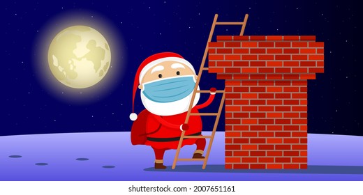 Santa in mask climbing chimney. Vector illustration.