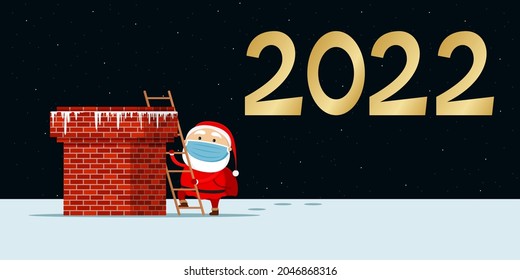 Santa in mask climbing chimney. Vector illustration.