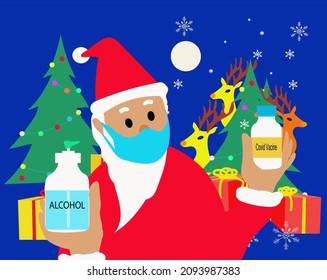 Santa with mask comes with covid vaccine and alcohol jel 