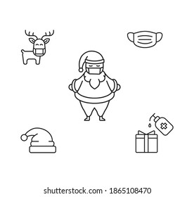 Santa in mask, reindeer, disinfection of present simple thin line icon vector illustration