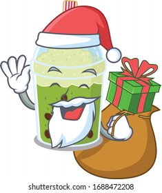 Santa matcha bubble tea Cartoon character design with box of gift