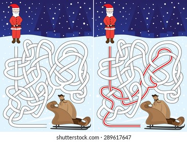 Santa maze for kids with a solution