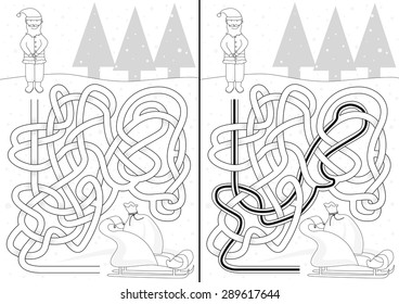 Santa maze for kids with a solution in black and white