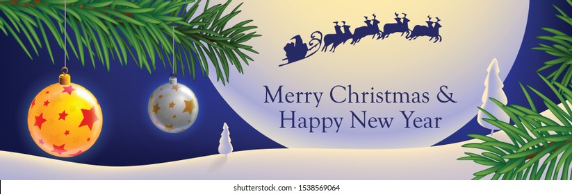 Santa, merry christmas and happy new year. banner, Xmas sparkling lights. Horizontal christmas posters, cards, headers, website