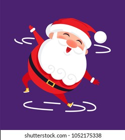 Santa modern dancer cute cartoon character isolated on purple background. Funny Father Christmas in dance, happy dancing fairy-tale winter hero