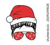 Santa Mom. Christmas Mom. Woman face with aviator glasses, santa hat and snowflakes  print. Messy Bun Mom Lifestyle. Vector illustration.  Isolated on white background. 