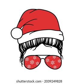 Santa Mom. Christmas Mom. Woman face with aviator glasses, santa hat and snowflakes  print. Messy Bun Mom Lifestyle. Vector illustration.  Isolated on white background. 