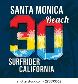 Santa Monica beach. College Surf spot California typography, t-shirt graphics, vectors, number print thirty