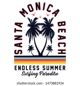 Santa monica beach, endless summer, surfing paradise typography, t-shirt graphics, vectors