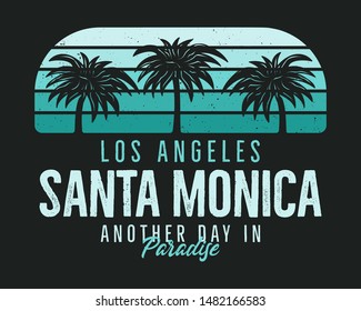 Santa Monica Beach Graphic for T-Shirt, prints. Vintage Los Angeles hand drawn 90s style emblem. Retro summer travel paradise scene, unusual badge. Surfing Adventure Label. Stock vector.