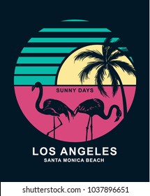 Santa Monica beach in Los Angeles text with flamingo birds and a palm tree. Vector illustration for t-shirt print and other uses.