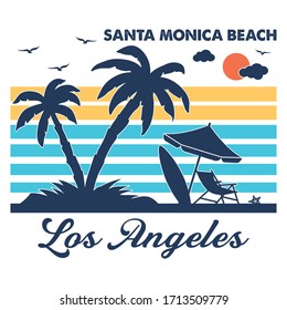 Santa Monica beach, Los Angeles t-shirt and poster vector design template. Palm tree vector. Summer t-shirt. American design for beach goers, holiday makers. Modern tee for label, sticker.