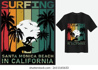 Santa Monica Beach surfing vector with retro vibes, tropical sunset, surfer riding wave, and palm trees. Perfect for t-shirts, travel souvenirs, and vintage beach themed designs.