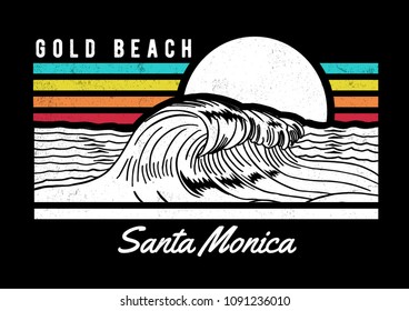 Santa Monica beach text with waves and sun vector illustrations. For t-shirt prints and other uses.