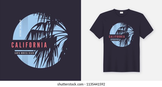 Santa Monica Beach t-shirt and apparel trendy design with palm trees silhouettes, typography, print, vector illustration. Global swatches.