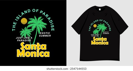 Santa Monica beach t-shirt design. Summer clothing graphic vector illustration with palm tree silhouette and sun symbol. Ready to print for t-shirt, clothes, tee, apparel and wear.